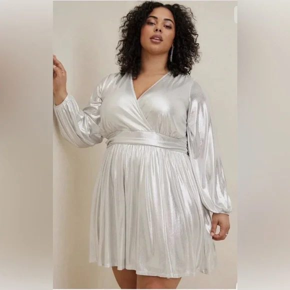 torrid Silver Metallic Wrap Mini Dress - Picture 1 of 6